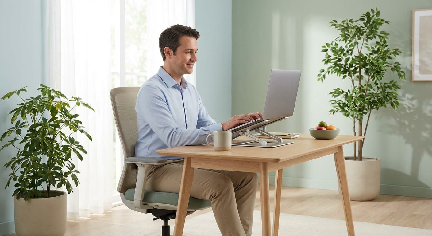 Professional person working comfortably at computer with good lighting and ergonomic setup