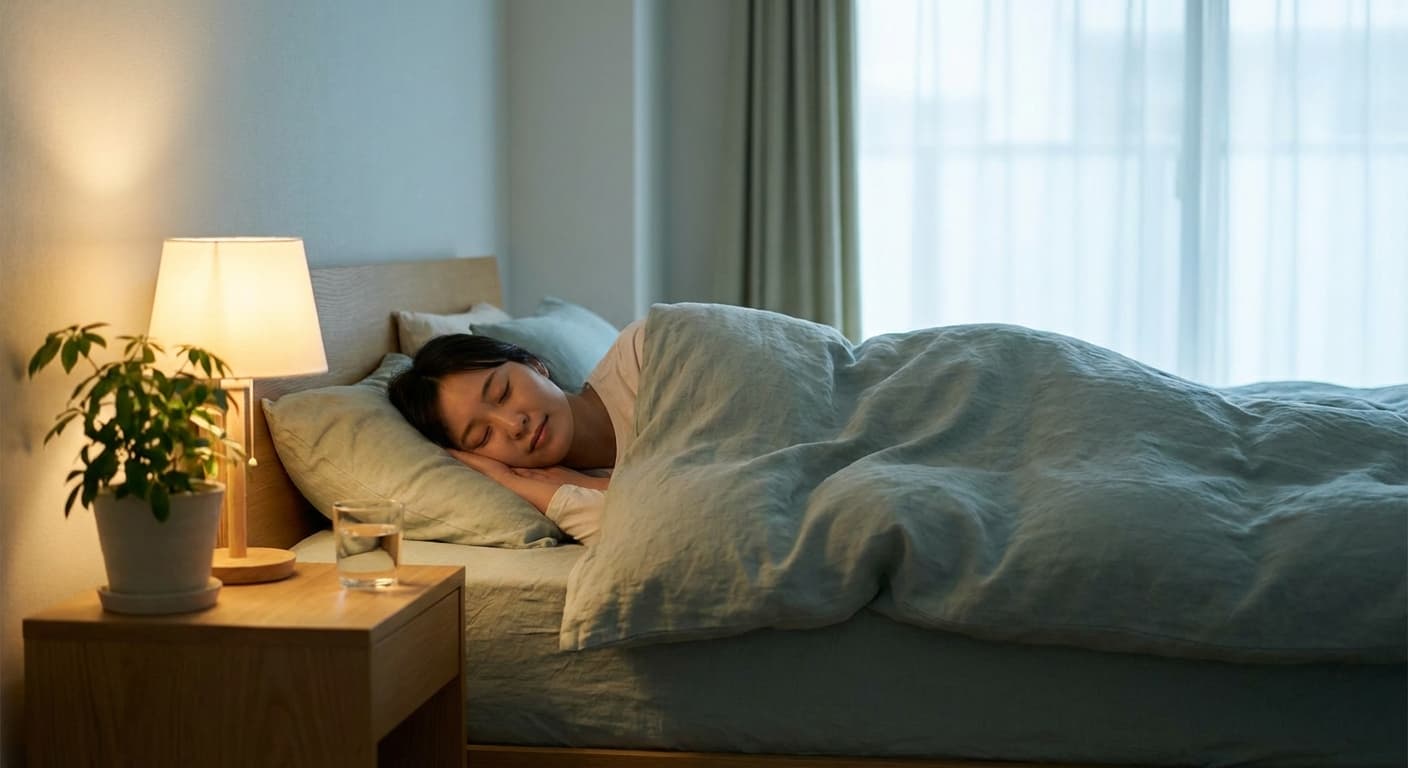 Person sleeping peacefully in a modern bedroom with soft lighting