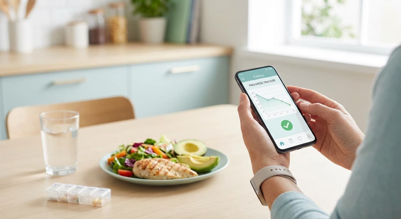 Person tracking weight loss progress on smartphone app with healthy meal in background