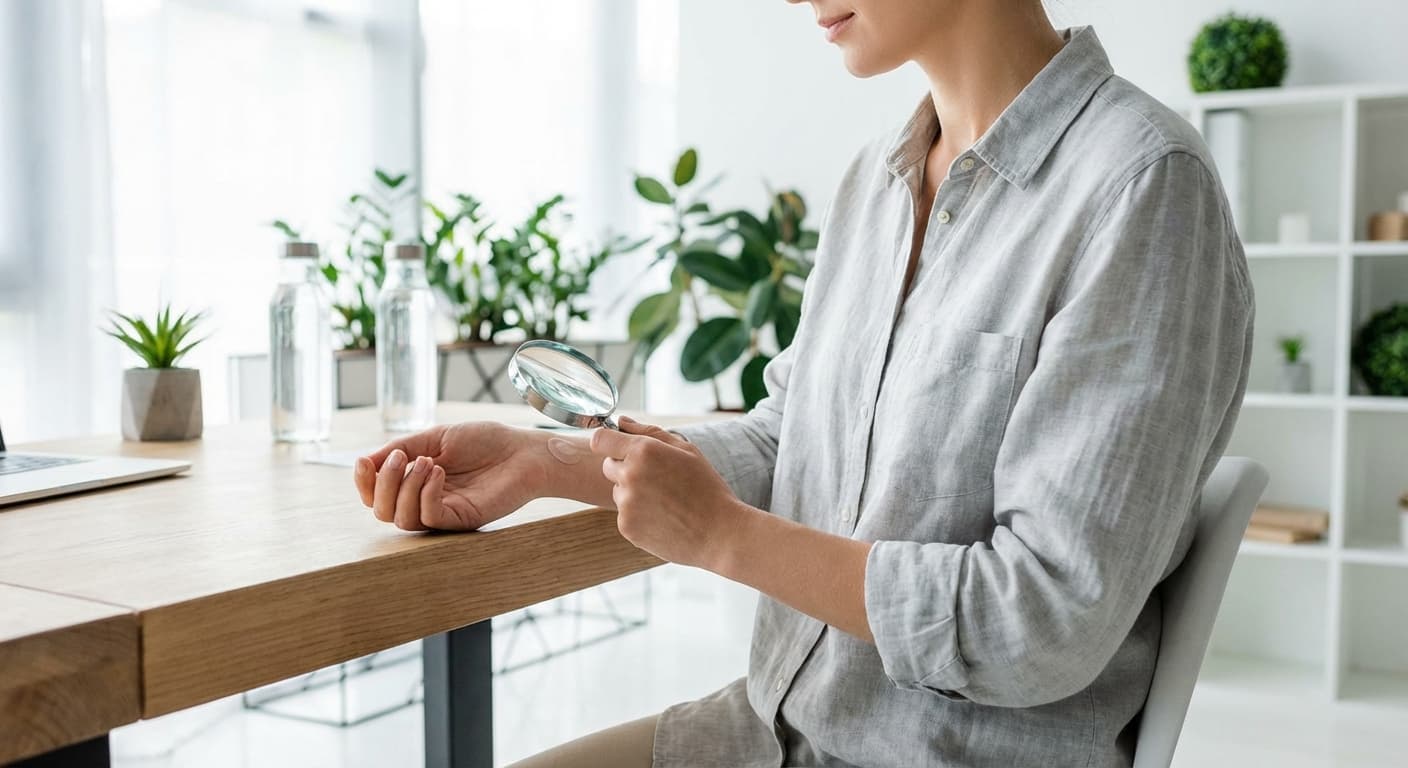 Person examining their arm with a magnifying glass in a clean, bright wellness setting