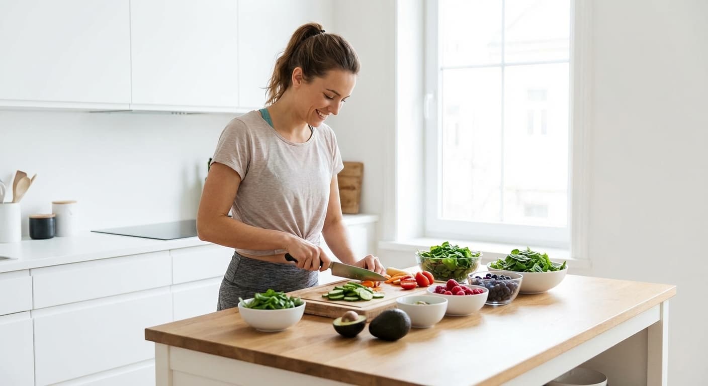 Person looking energetic and healthy while preparing a nutritious meal in a modern kitchen