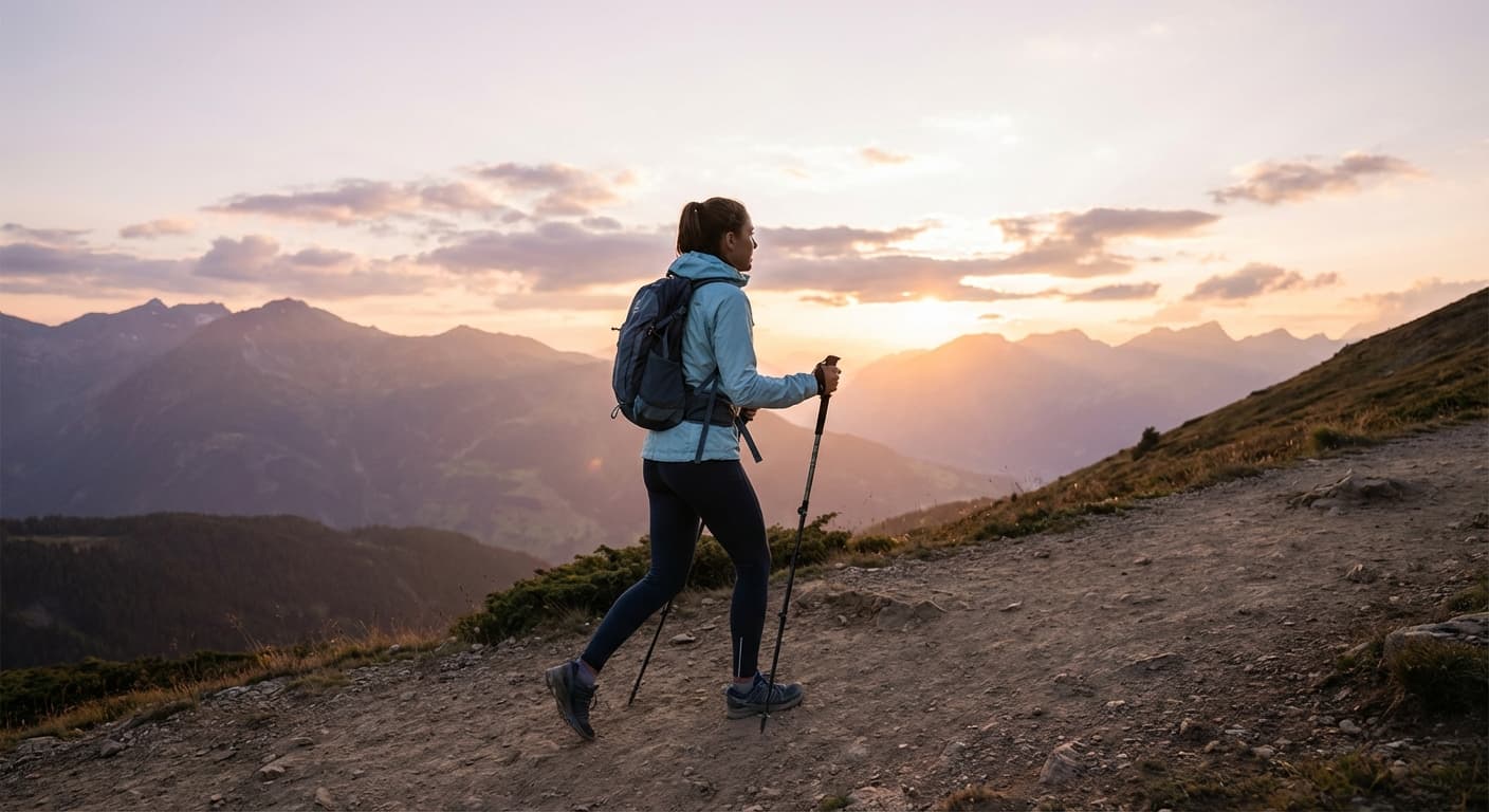 Person hiking energetically up a mountain trail with vibrant sunset, representing renewed cellular energy