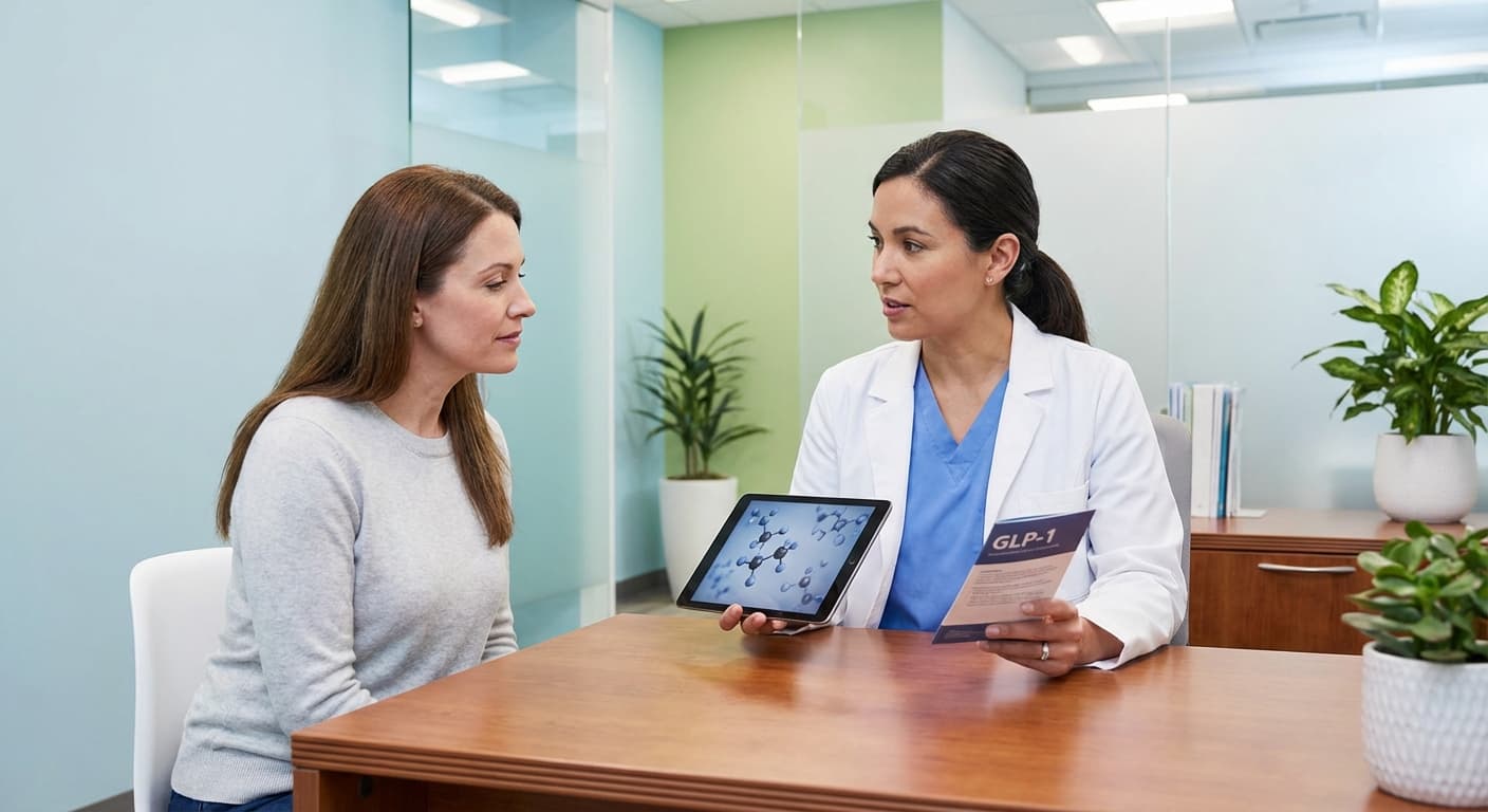 Professional wellness consultation scene with healthcare provider and patient discussing treatment options