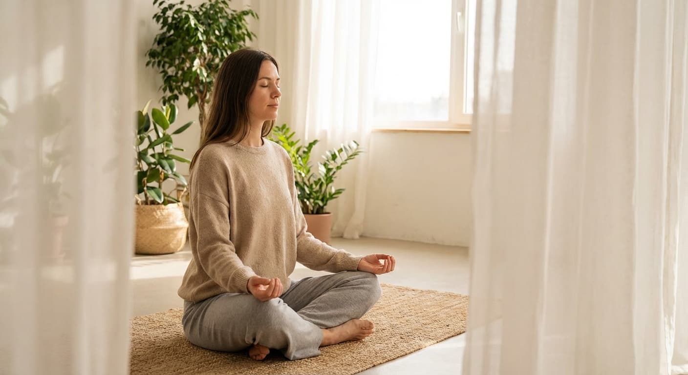 Person meditating peacefully in a sunlit room with plants