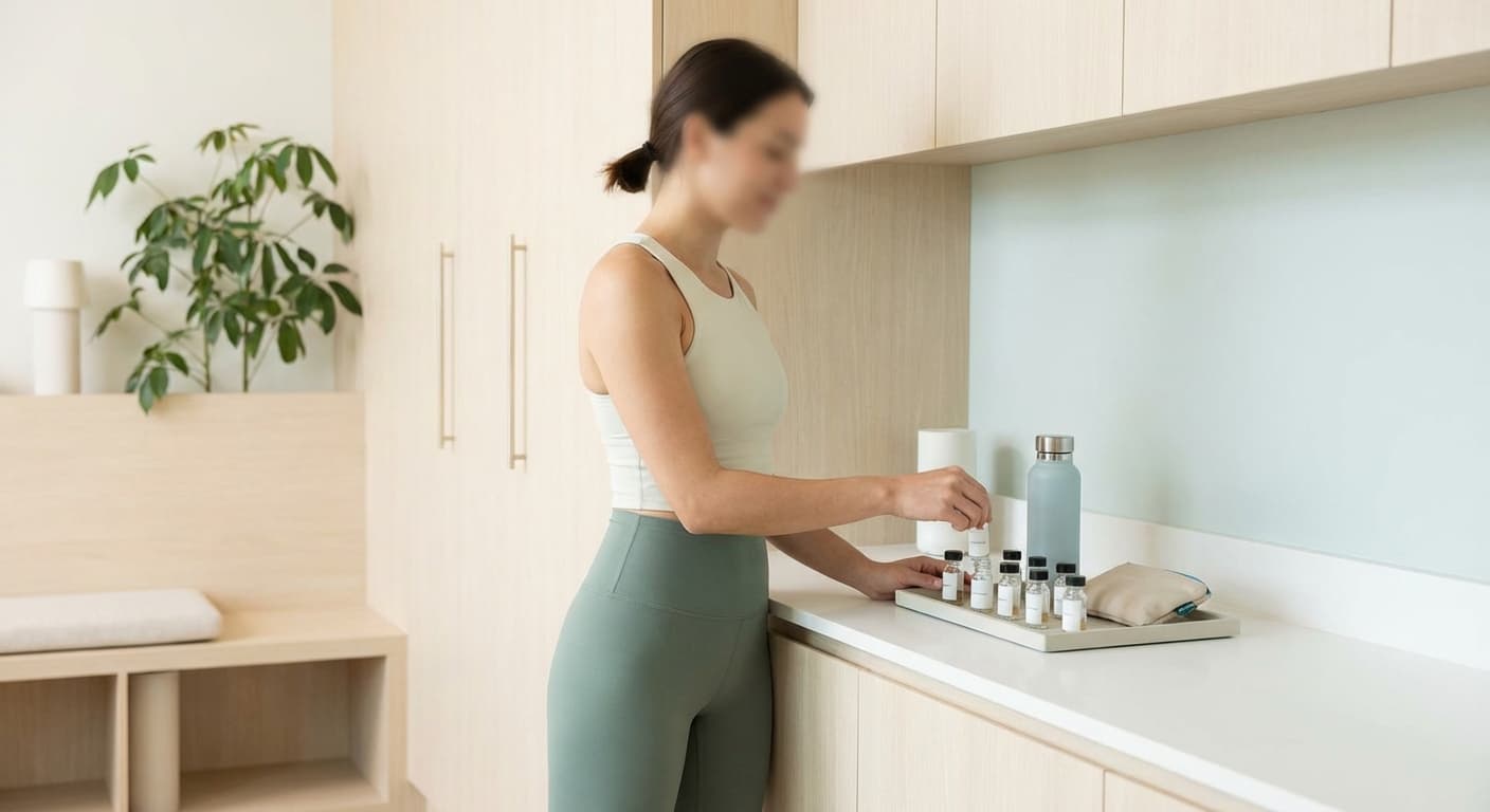 Person confidently preparing for wellness routine in clean, organized space with peptide supplies