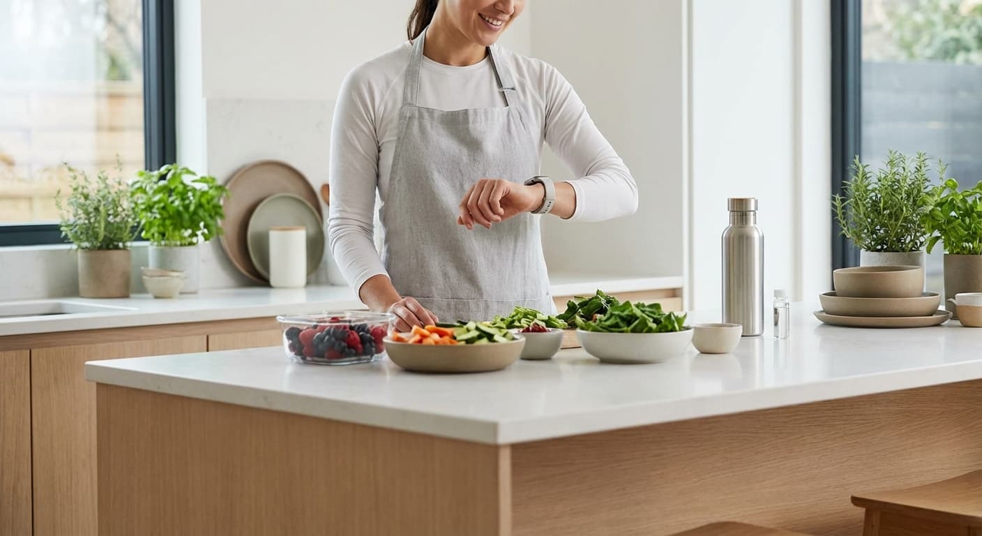 Person confidently checking their smartwatch while preparing a healthy meal in a modern kitchen